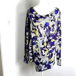 Simply Vera Asyemetrical Top, Cowl Neck,Floral,Gray, Purple & Yellow, Size Large